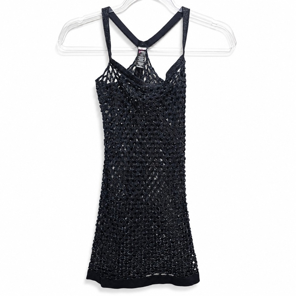 Pink Lipstick Black Sparkle Crochet Mesh Mini Dress OS Racerback Clubwear Y2K